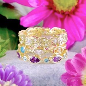 New 14k Gold Sterling Silver Multi Precious Stone Stack Ring Set